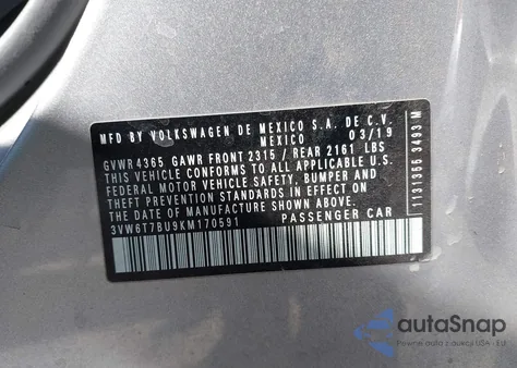 2019 Volkswagen Jetta Gli 2.0T 35Th Anniversary Edition/2.0T Autobahn/2.0T S из США, поврежденный, VIN 3VW6T7BU9KM170591